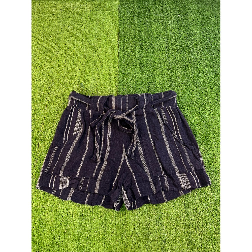 Indigo Rein Womens Large Navy Blue Striped Linen Blend Paperbag Waist‎ Shorts